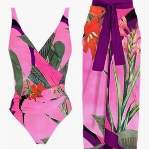 Vibrant Pink Floral Swimsuit and Cover-Up Set NWT